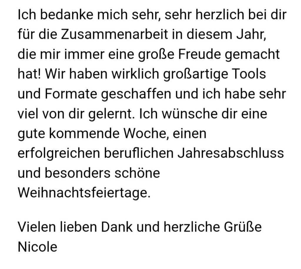 Feedback von Nicole nach unserer Zusammenarbeit